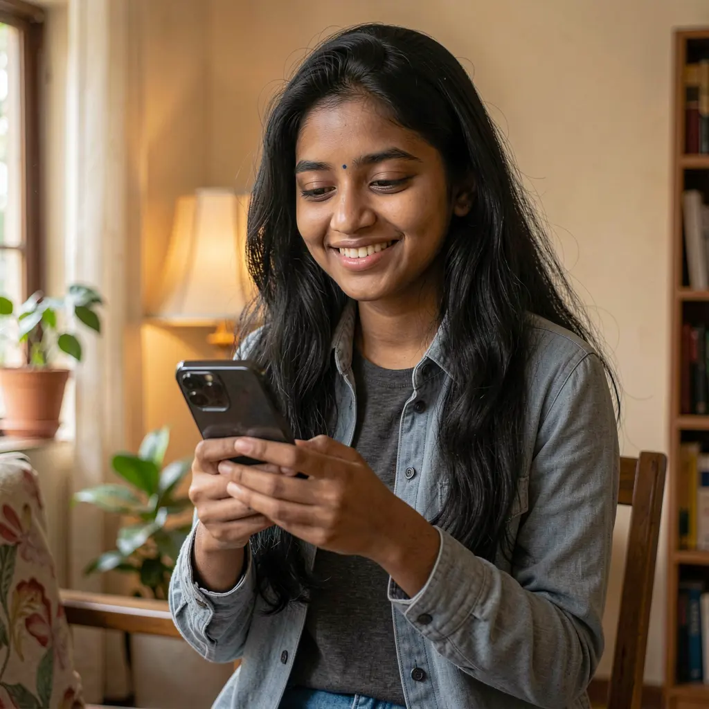 Smiling Bangladeshi woman holding her smartphone while exploring casino games inside the 9A99 mobile app