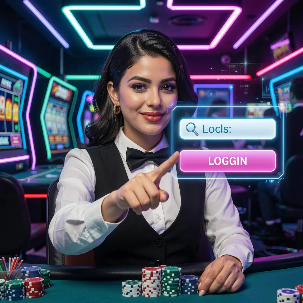 Elegant Bangladeshi casino dealer pointing at a glowing virtual login button with neon lights symbolizing secure access on 9A99